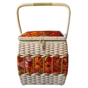 Singer Sewing Basket With Clear Plastic Insert Vintage 1970s Wicker Orange Pink